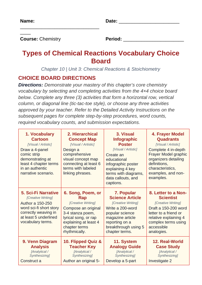 Classifying Chemical Reactions Vocabulary Choice Board sample page
