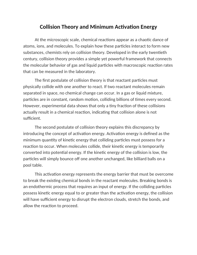 Collision Theory and Minimum Activation Energy Reading Worksheet sample page