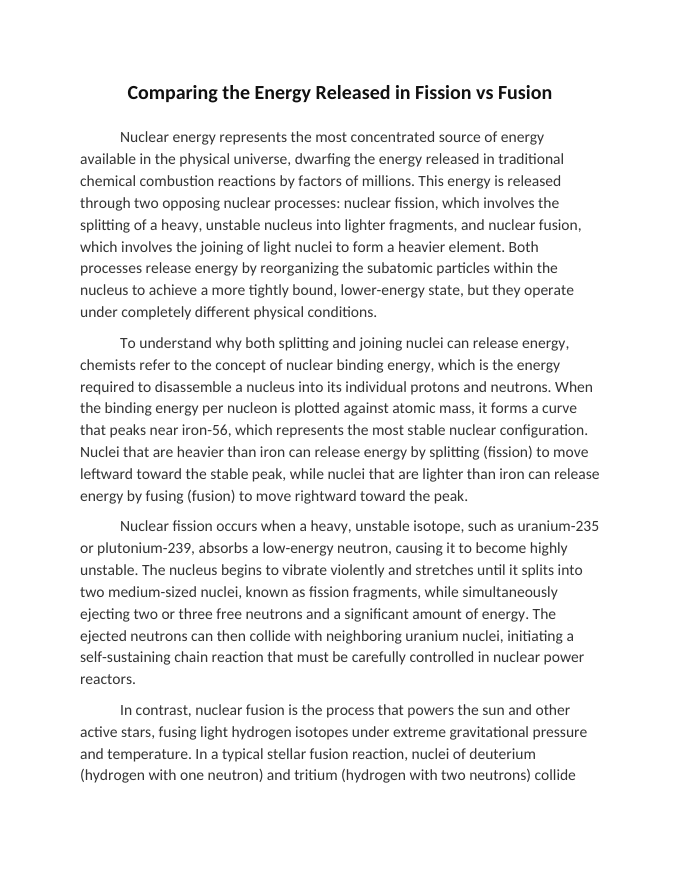 Comparing the Energy Released in Fission vs Fusion Reading Worksheet sample page