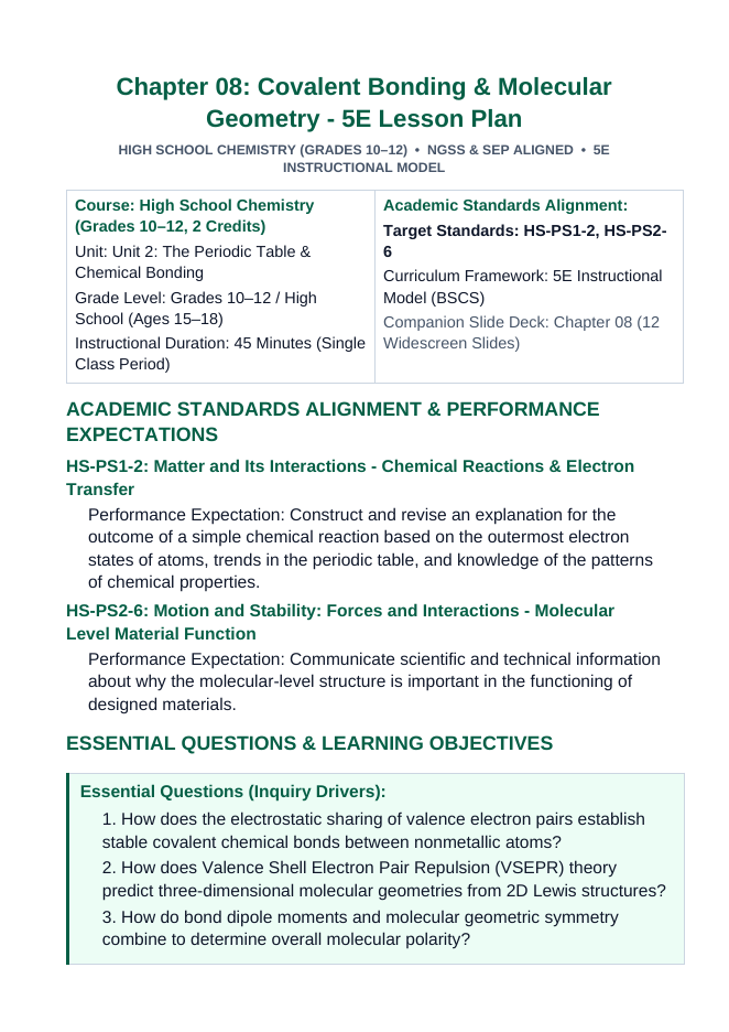Covalent Bonding & Molecular Geometry 5E Lesson Plan sample page