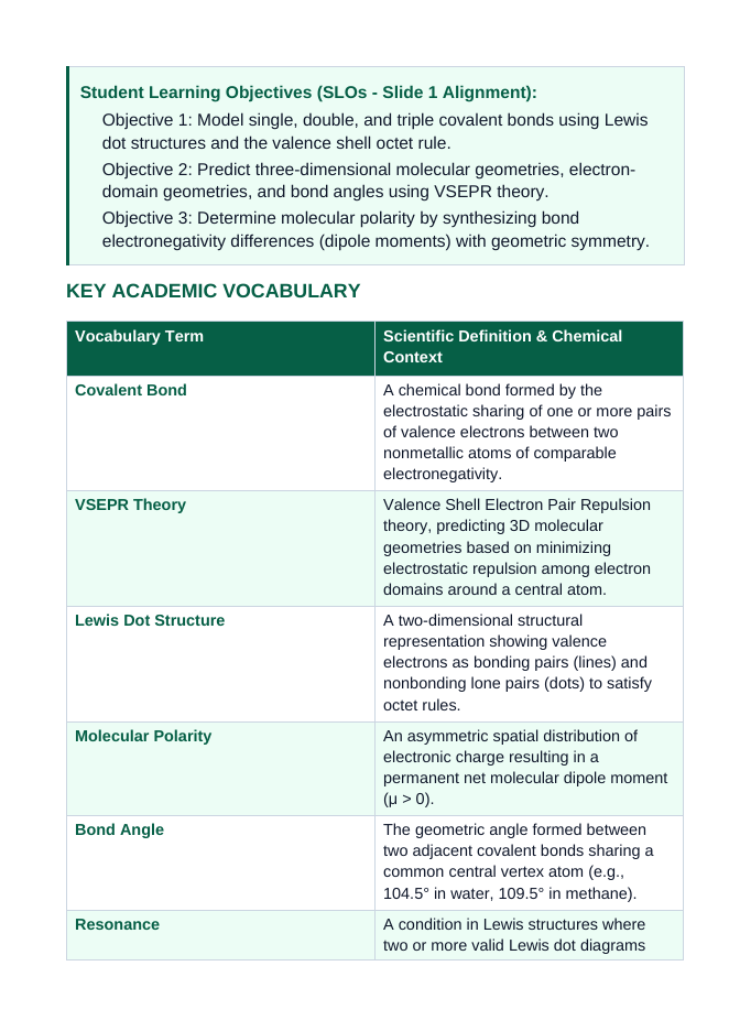 Covalent Bonding & Molecular Geometry 5E Lesson Plan sample page