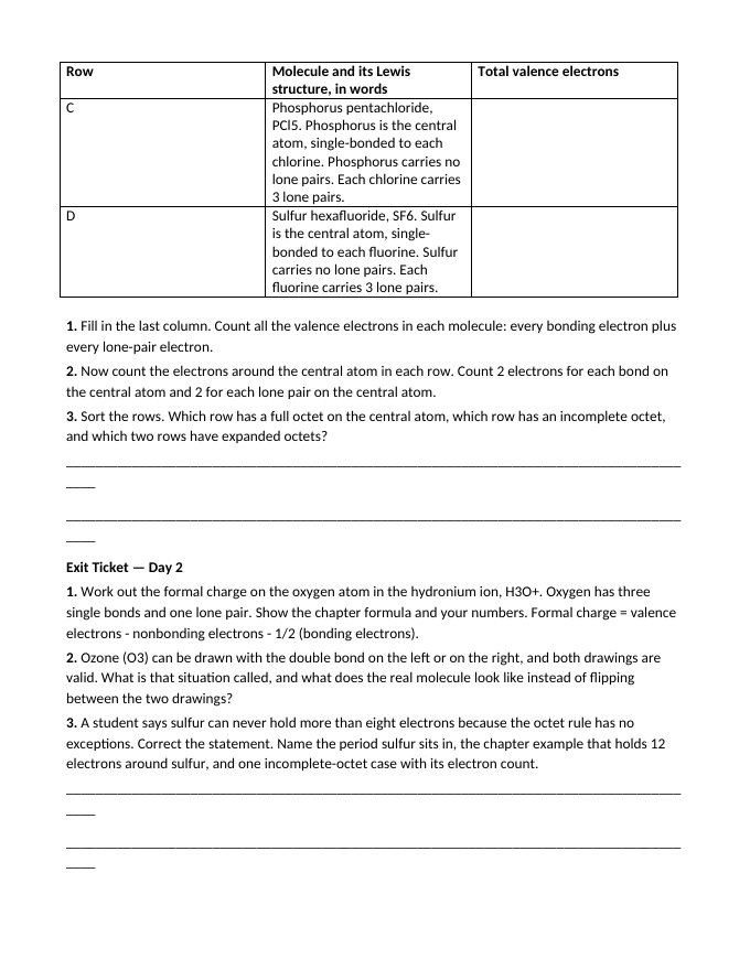 Covalent Bonding & Molecular Geometry Bell Ringers & Exit Tickets sample page