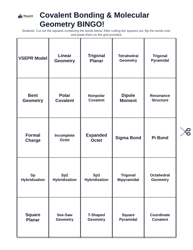 Covalent Bonding & Molecular Geometry BINGO Review Game sample page