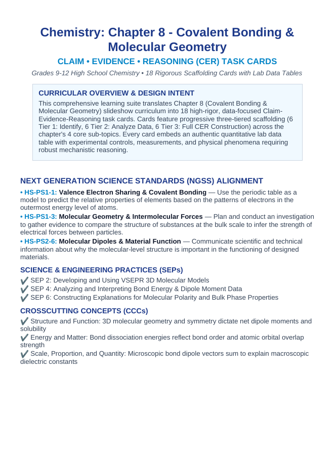 Covalent Bonding & Molecular Geometry CER Task Cards sample page