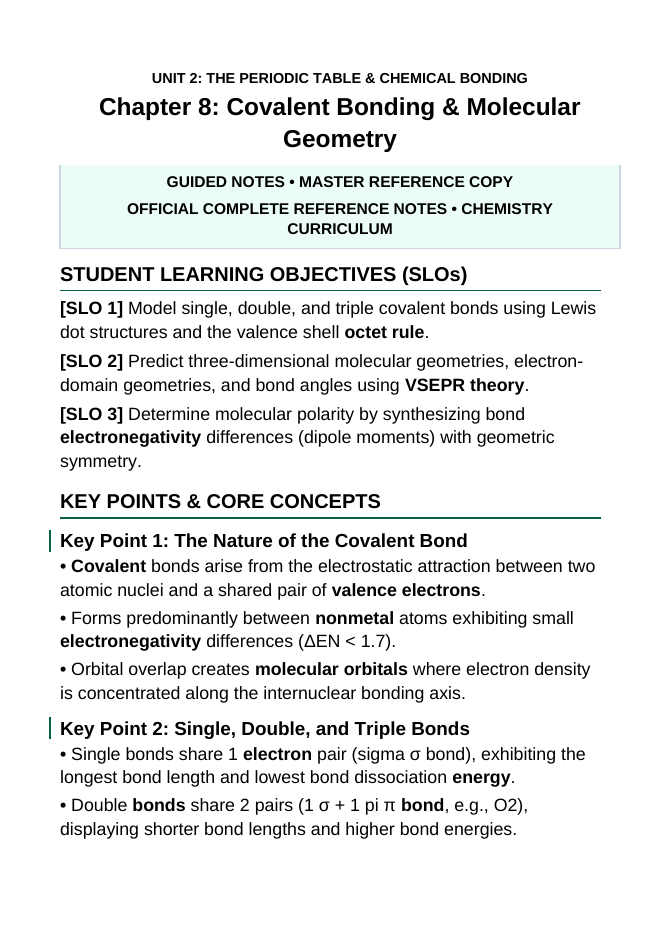 Covalent Bonding & Molecular Geometry Guided Notes sample page