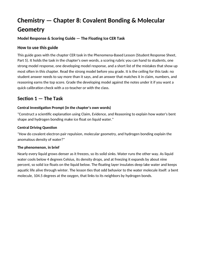 Covalent Bonding & Molecular Geometry Model Response & Scoring Guide sample page