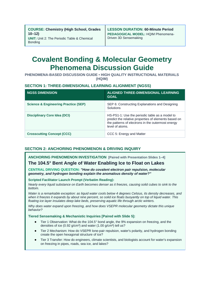Covalent Bonding & Molecular Geometry Phenomena-Based Lesson: The 104.5° Bent Angle of Water Enabling Ice to Float on Lakes Teacher Discussion Guide sample page