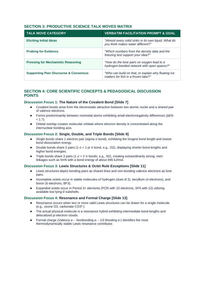 Covalent Bonding & Molecular Geometry Phenomena-Based Lesson: The 104.5° Bent Angle of Water Enabling Ice to Float on Lakes Teacher Discussion Guide sample page