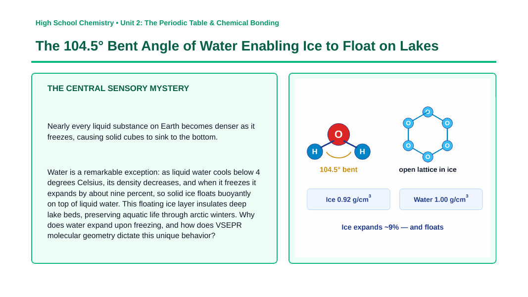 Covalent Bonding & Molecular Geometry Phenomena-Based Lesson: The 104.5° Bent Angle of Water Enabling Ice to Float on Lakes Presentation sample page
