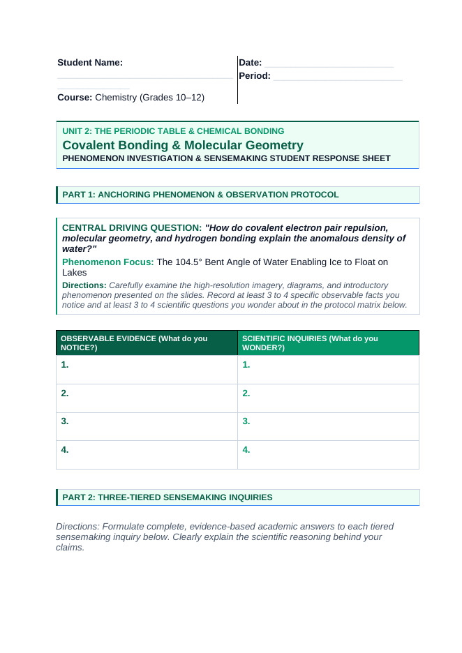 Covalent Bonding & Molecular Geometry Phenomena-Based Lesson: The 104.5° Bent Angle of Water Enabling Ice to Float on Lakes Student Response Sheet sample page