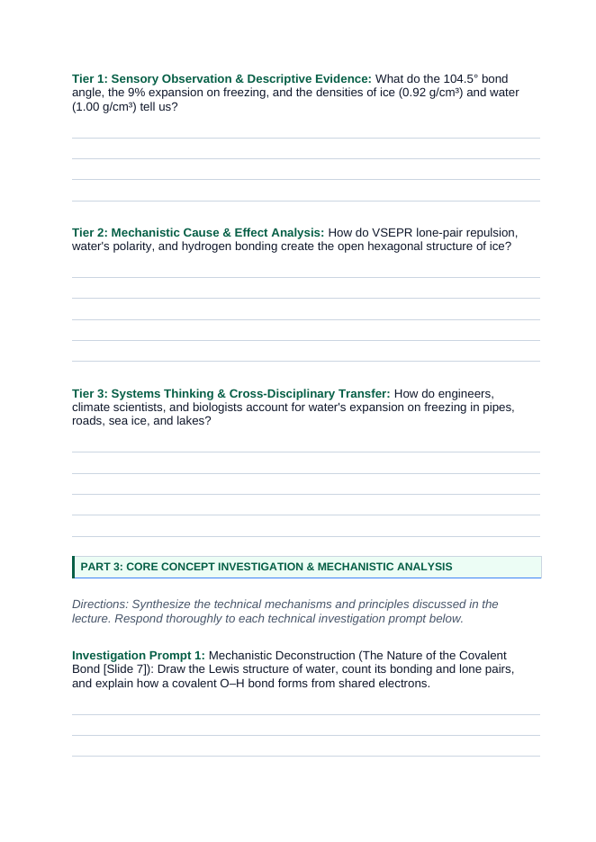 Covalent Bonding & Molecular Geometry Phenomena-Based Lesson: The 104.5° Bent Angle of Water Enabling Ice to Float on Lakes Student Response Sheet sample page