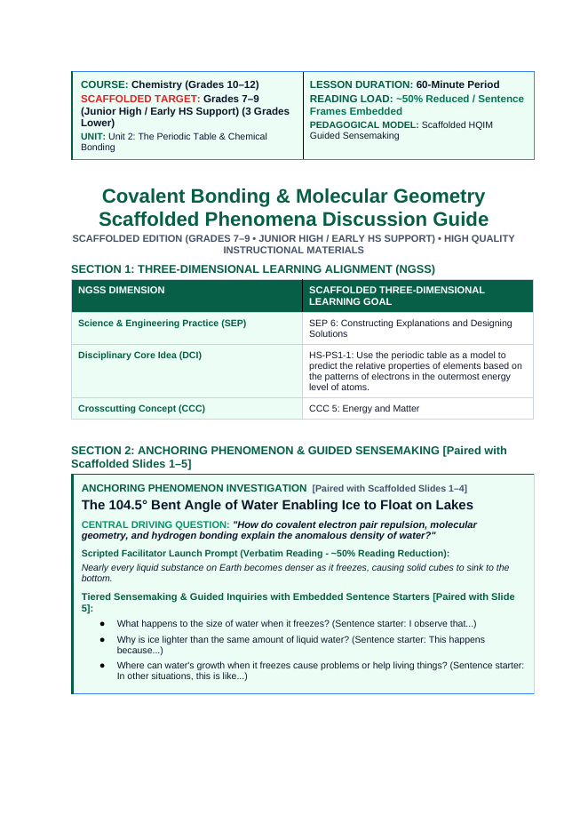 Covalent Bonding & Molecular Geometry Scaffolded Phenomena-Based Lesson: The 104.5° Bent Angle of Water Enabling Ice to Float on Lakes Teacher Discussion Guide sample page