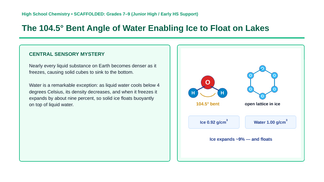 Covalent Bonding & Molecular Geometry Scaffolded Phenomena-Based Lesson: The 104.5° Bent Angle of Water Enabling Ice to Float on Lakes Presentation sample page
