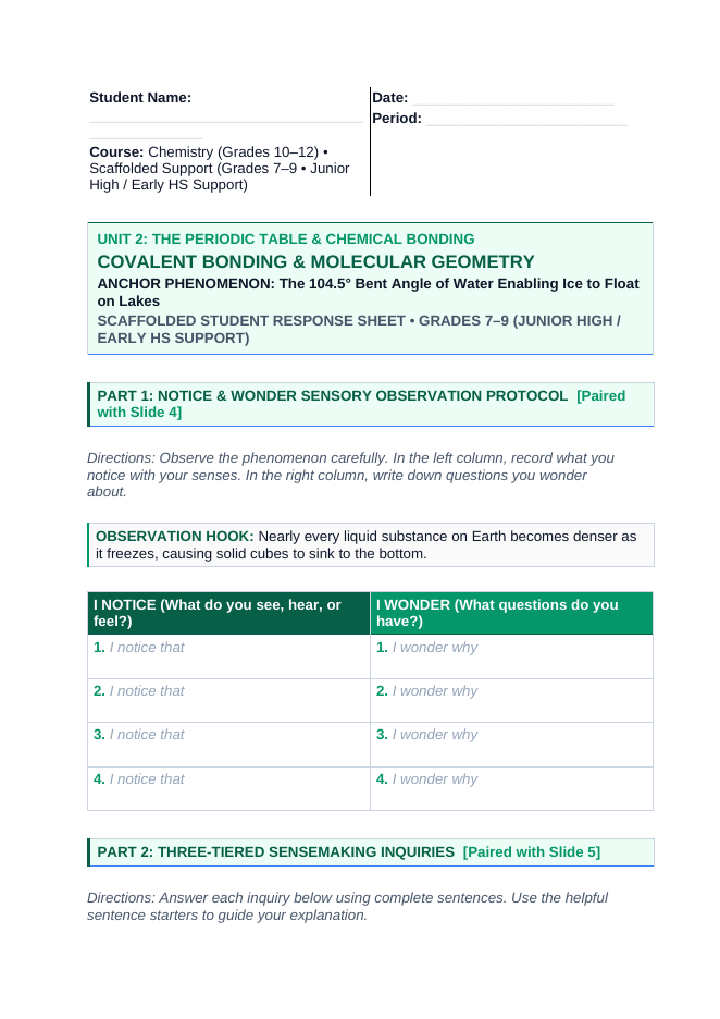 Covalent Bonding & Molecular Geometry Scaffolded Phenomena-Based Lesson: The 104.5° Bent Angle of Water Enabling Ice to Float on Lakes Student Response Sheet sample page