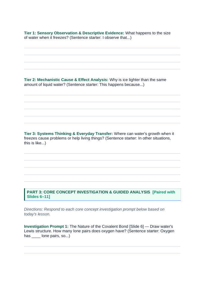 Covalent Bonding & Molecular Geometry Scaffolded Phenomena-Based Lesson: The 104.5° Bent Angle of Water Enabling Ice to Float on Lakes Student Response Sheet sample page