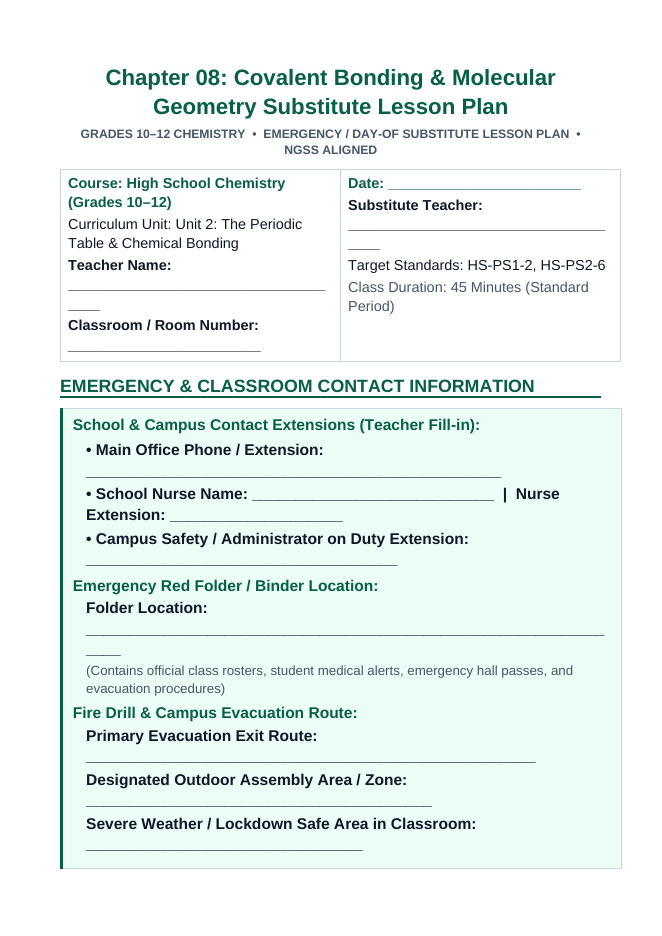 Covalent Bonding & Molecular Geometry Substitute Lesson Plan sample page