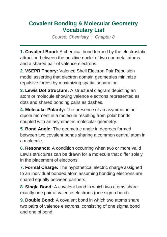 Covalent Bonding & Molecular Geometry Vocabulary Words & Definitions sample page