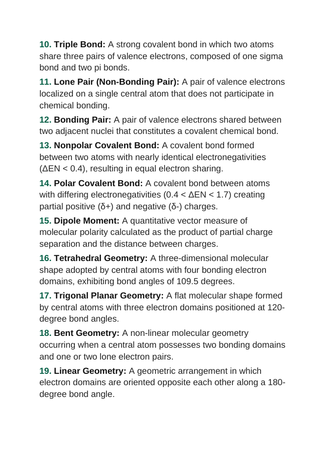 Covalent Bonding & Molecular Geometry Vocabulary Words & Definitions sample page