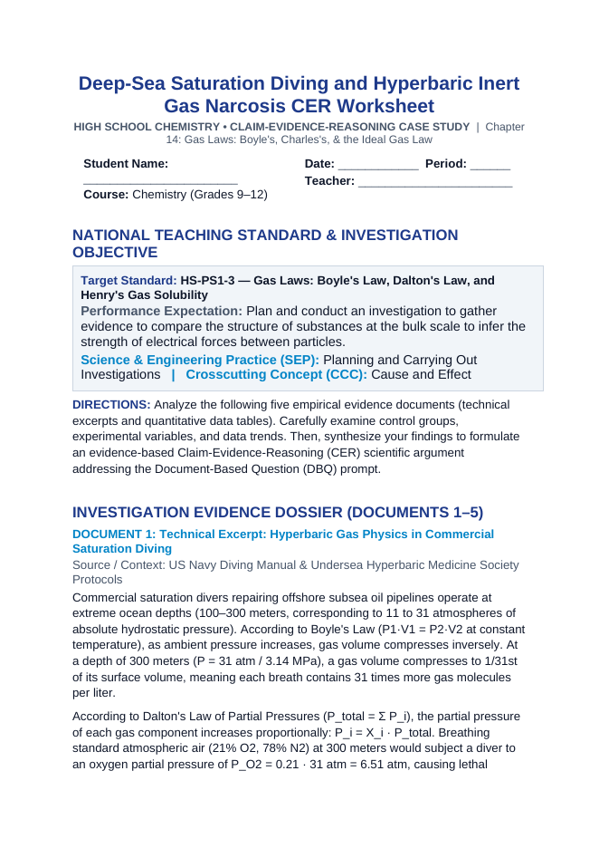 Deep-Sea Saturation Diving and Hyperbaric Inert Gas Narcosis CER Phenomena Worksheet sample page