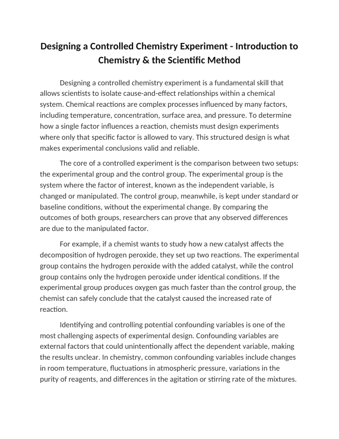 Designing a Controlled Chemistry Experiment Reading Worksheet sample page