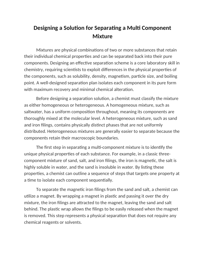 Designing a Solution for Separating a Multi Component Mixture Reading Worksheet sample page