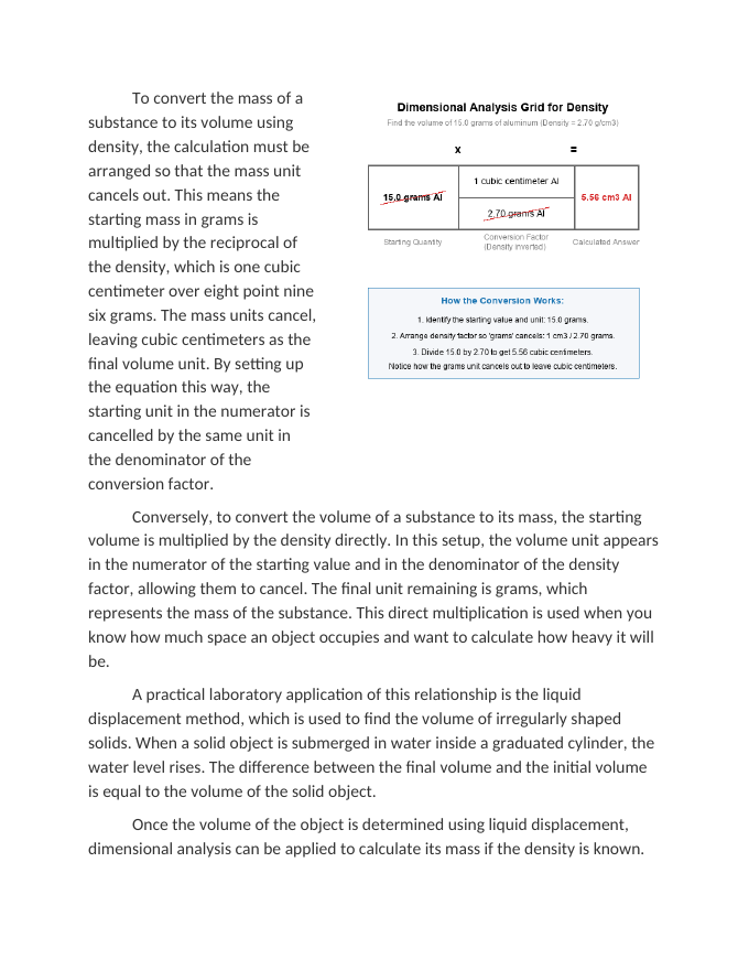 Dimensional Analysis for Density and Volume Reading Worksheet sample page