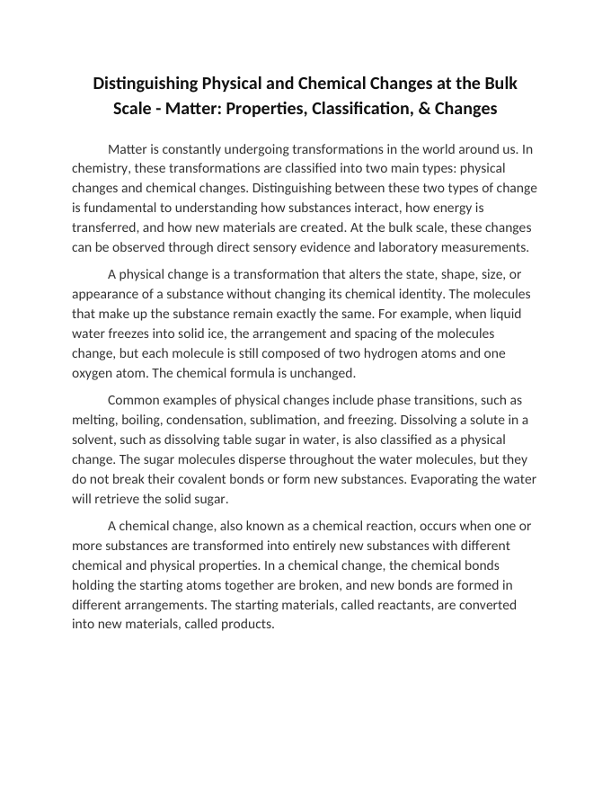 Distinguishing Physical and Chemical Changes at the Bulk Scale Reading Worksheet sample page