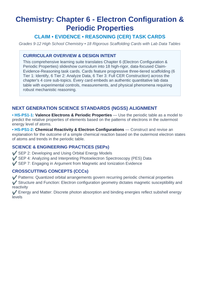 Electron Configuration & Periodic Properties CER Task Cards sample page