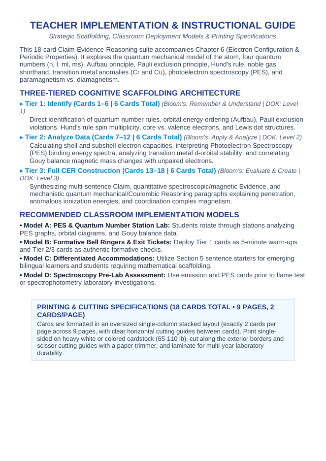 Electron Configuration & Periodic Properties CER Task Cards sample page