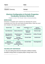 Electron Configuration & Periodic Properties Fill-in-the-Blank Vocabulary Worksheet sample page