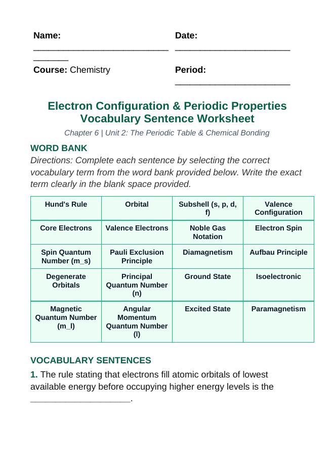Electron Configuration & Periodic Properties Fill-in-the-Blank Vocabulary Worksheet sample page