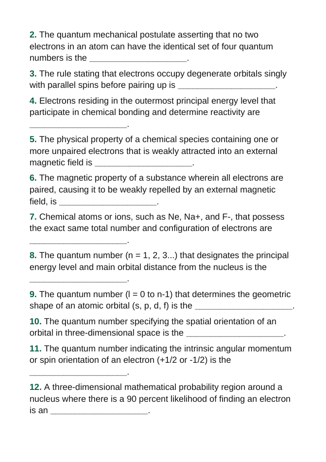 Electron Configuration & Periodic Properties Fill-in-the-Blank Vocabulary Worksheet sample page