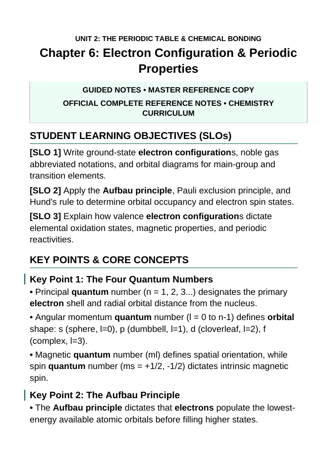 Electron Configuration & Periodic Properties Guided Notes sample page