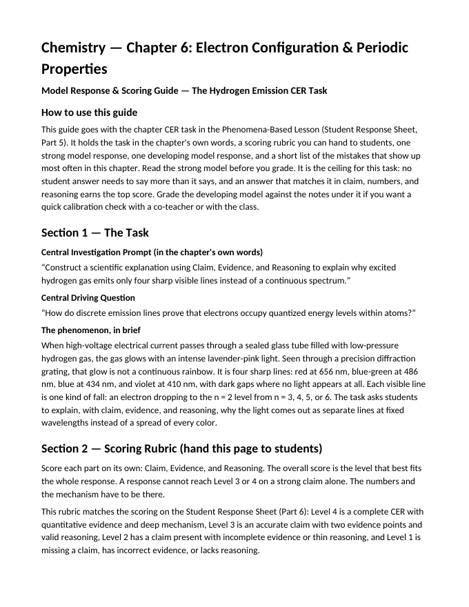 Electron Configuration & Periodic Properties Model Response & Scoring Guide sample page