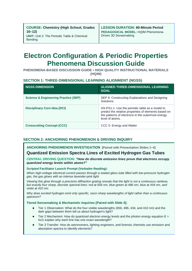 Electron Configuration & Periodic Properties Phenomena-Based Lesson: Quantized Emission Spectra Lines of Excited Hydrogen Gas Tubes Teacher Discussion Guide sample page