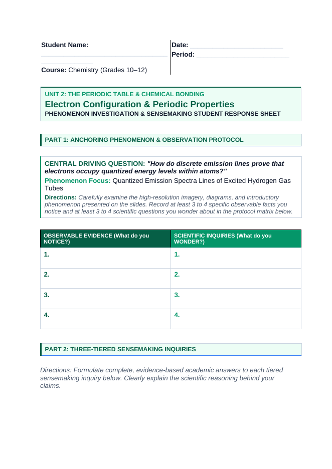 Electron Configuration & Periodic Properties Phenomena-Based Lesson: Quantized Emission Spectra Lines of Excited Hydrogen Gas Tubes Student Response Sheet sample page
