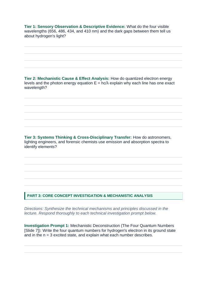 Electron Configuration & Periodic Properties Phenomena-Based Lesson: Quantized Emission Spectra Lines of Excited Hydrogen Gas Tubes Student Response Sheet sample page