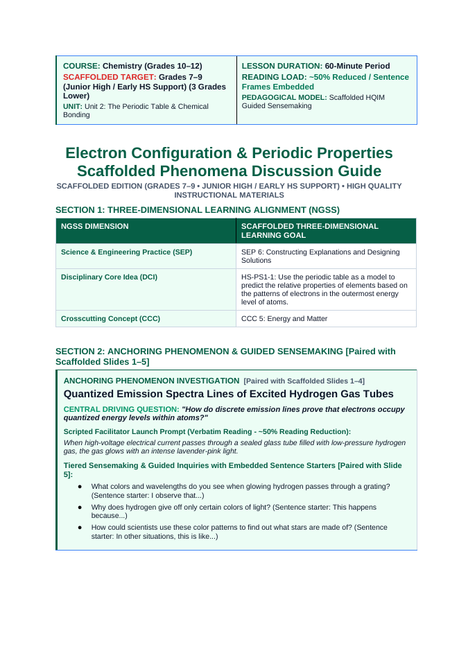Electron Configuration & Periodic Properties Scaffolded Phenomena-Based Lesson: Quantized Emission Spectra Lines of Excited Hydrogen Gas Tubes Teacher Discussion Guide sample page