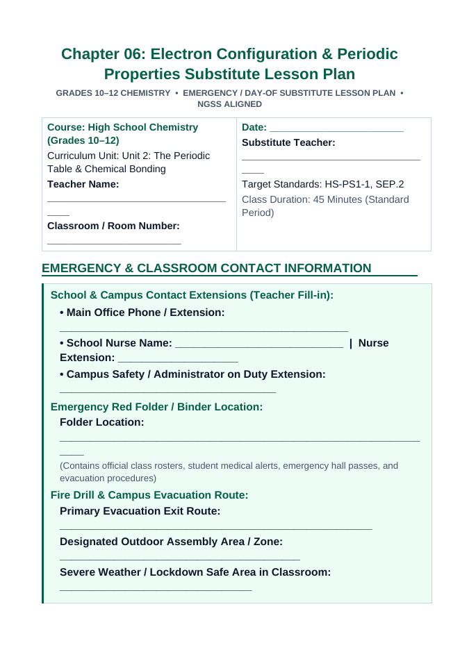 Electron Configuration & Periodic Properties Substitute Lesson Plan sample page
