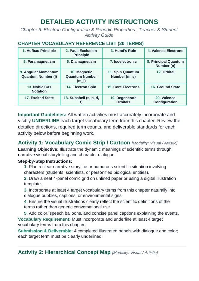 Electron Configuration & Periodic Properties Vocabulary Choice Board sample page