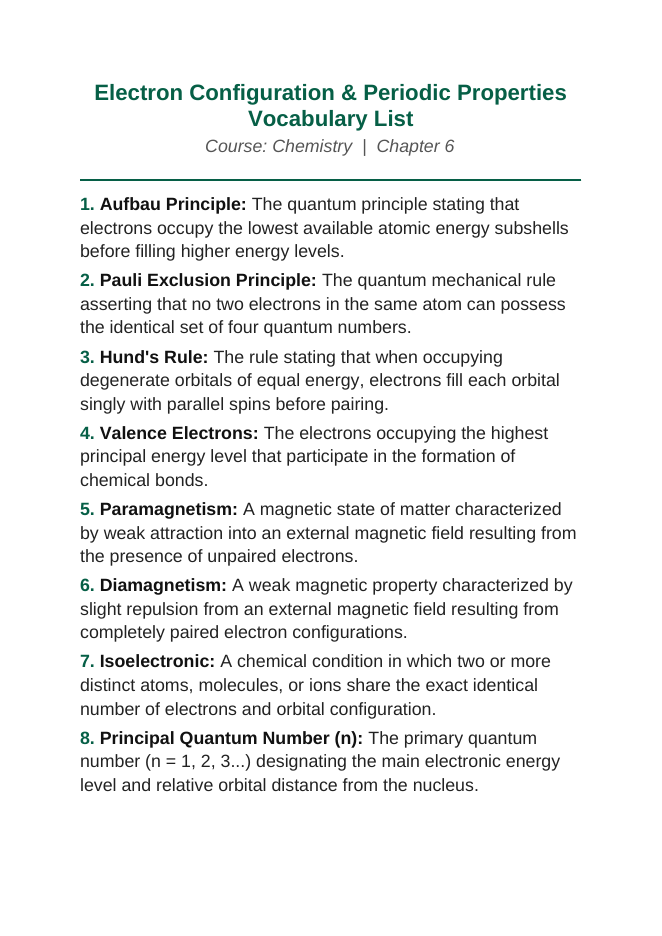 Electron Configuration & Periodic Properties Vocabulary Words & Definitions sample page