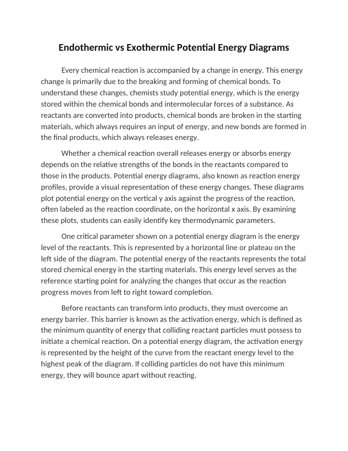 Endothermic vs Exothermic Potential Energy Diagrams Reading Worksheet sample page