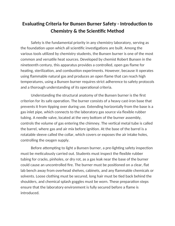 Evaluating Criteria for Bunsen Burner Safety Reading Worksheet sample page