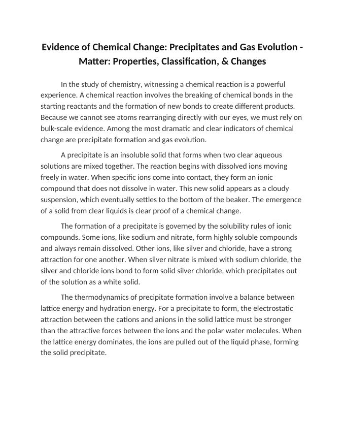 Evidence of Chemical Change: Precipitates and Gas Evolution Reading Worksheet sample page