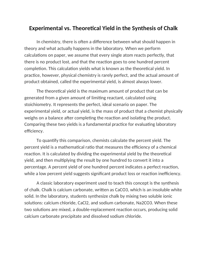 Experimental vs Theoretical Yield in the Synthesis of Chalk Reading Worksheet sample page