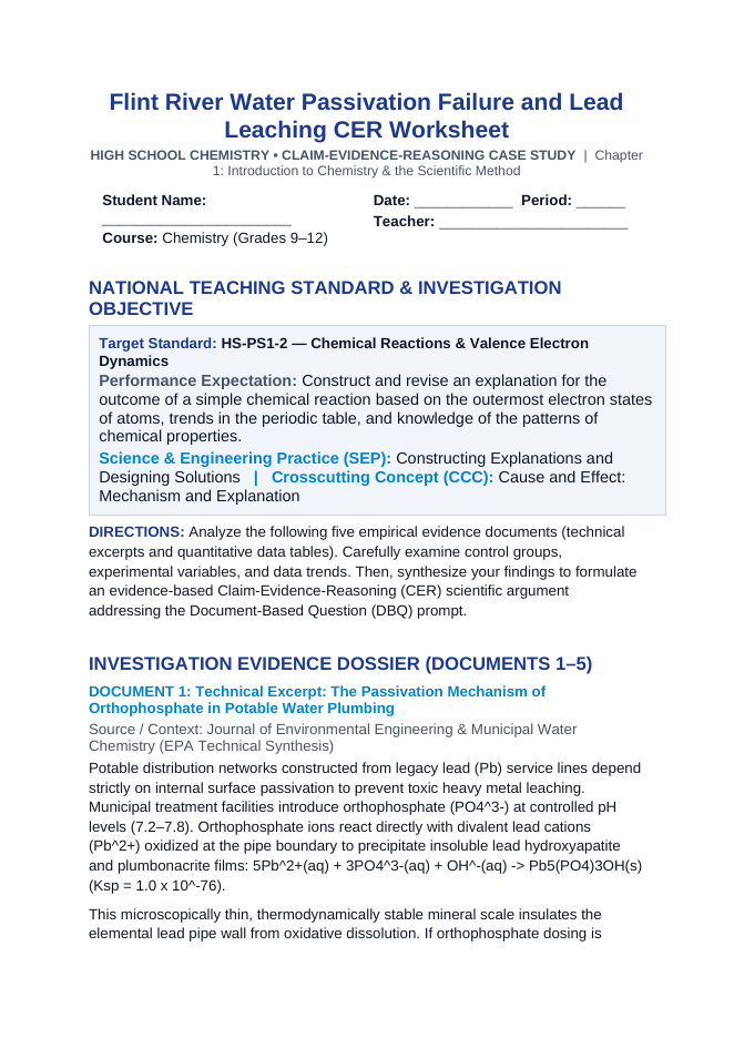 Flint River Water Passivation Failure and Lead Leaching CER Phenomena Worksheet sample page
