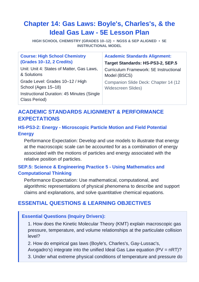 Gas Laws: Boyle's, Charles's, & the Ideal Gas Law 5E Lesson Plan sample page