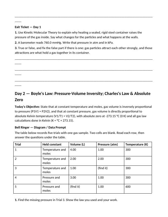 Gas Laws: Boyle's, Charles's, & the Ideal Gas Law Bell Ringers & Exit Tickets sample page