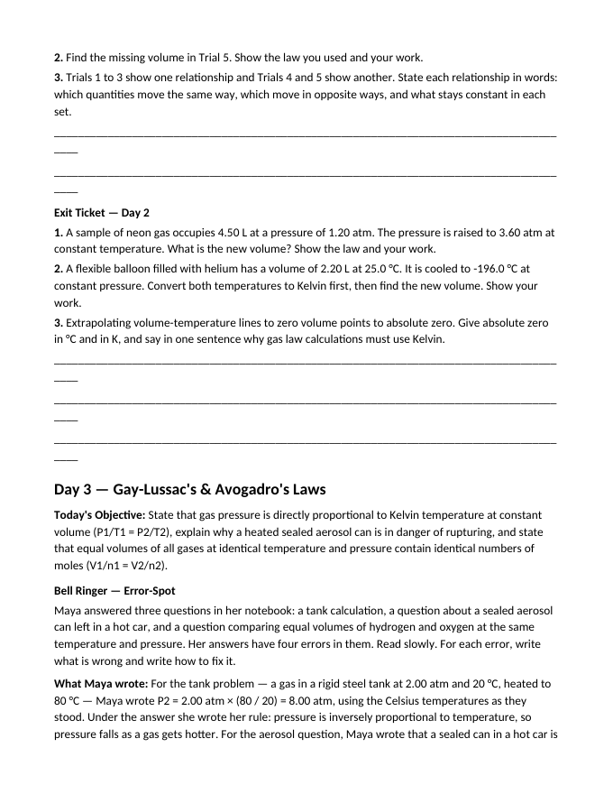 Gas Laws: Boyle's, Charles's, & the Ideal Gas Law Bell Ringers & Exit Tickets sample page