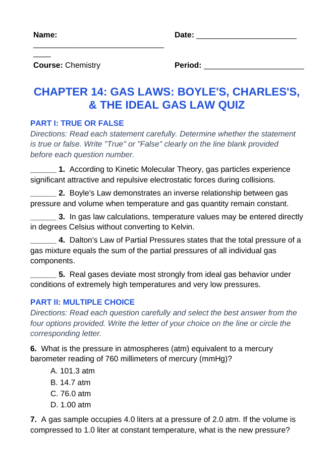 Gas Laws: Boyle's, Charles's, & the Ideal Gas Law Lesson Quiz sample page